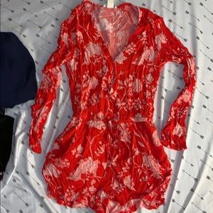 Red and white long sleeve floral short romper